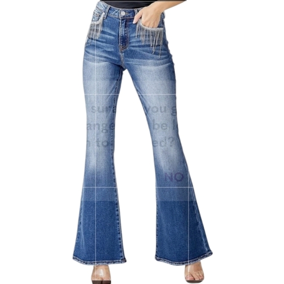 Risen Dolly High Rise Flare Jeans Rhinestones Crystals Tassels - Picture 3 of 14